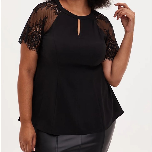 torrid Tops - Black Crepe Lace Sleeve Fit and Flare Top